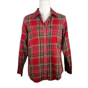 Liz Claiborne Red Plaid Button Down Long Sleeve Flannel Top Size Small Petite
